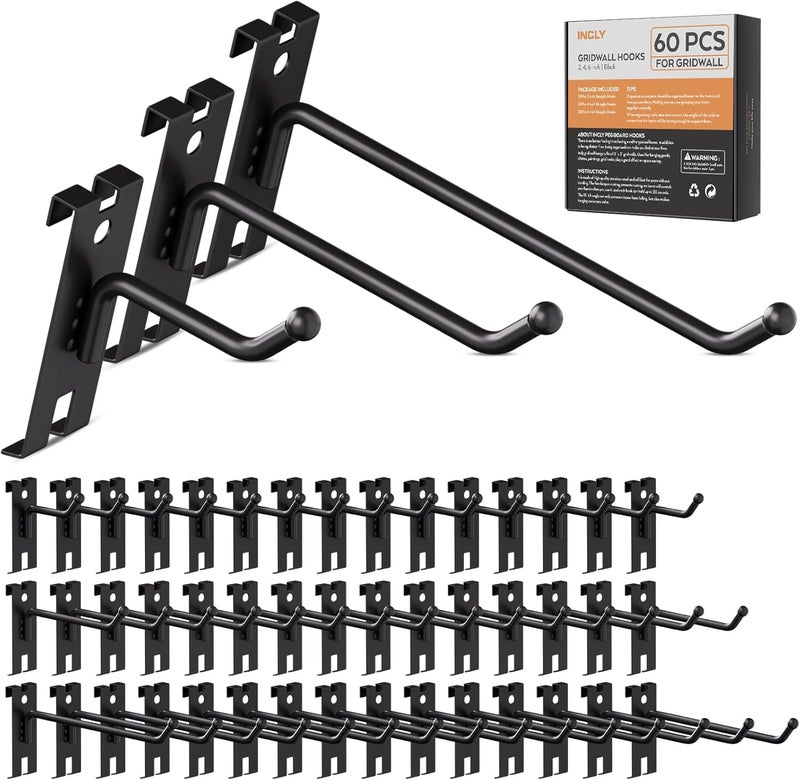 INCLY 2/4/6 Inch Gridwall Hooks, 60 Pack Heavy Duty Black Display Hooks for Grid Wall Panels, Grid Wall Accessory for Storage Display Clothes in Retail Shop Garage - Image 1